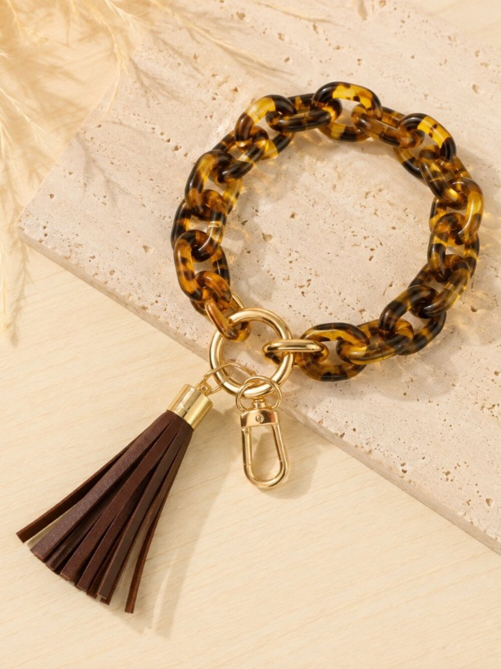 Tortoise Shell Acrylic Key Ring Bracelet Wristlet Tassel Brown Gold NWT